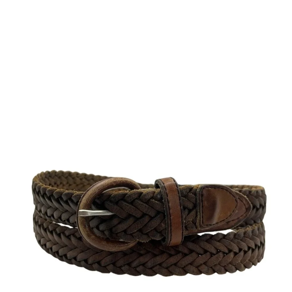 Vintage Brown Braided Leather Belt Woven Round Buckle Made in Mexico 36 2337